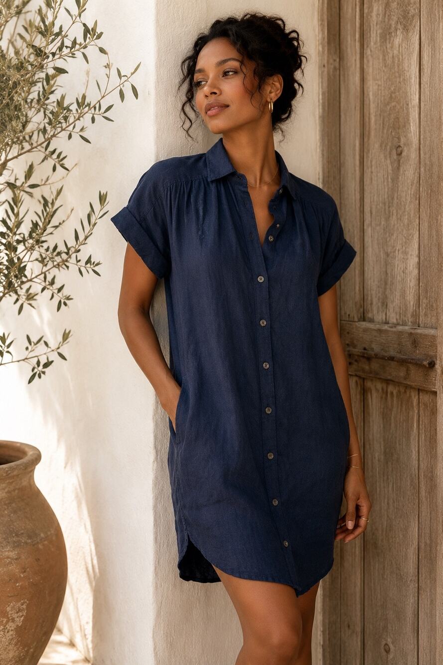 J. Crew Baird McNutt Irish Linen Navy Shirt Dress Coastal Minimalist Size XXS